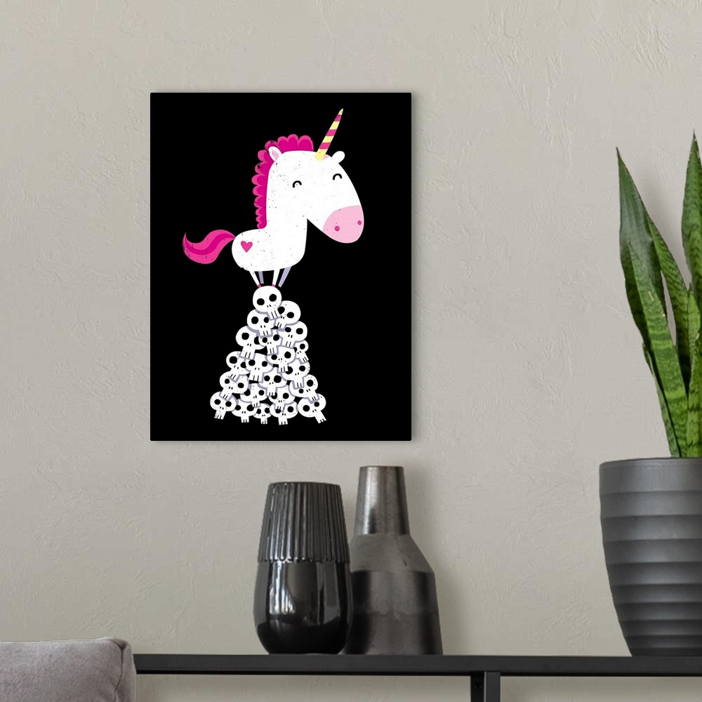 A modern room featuring A digital illustration of an unicorn on top of a pile of skulls.