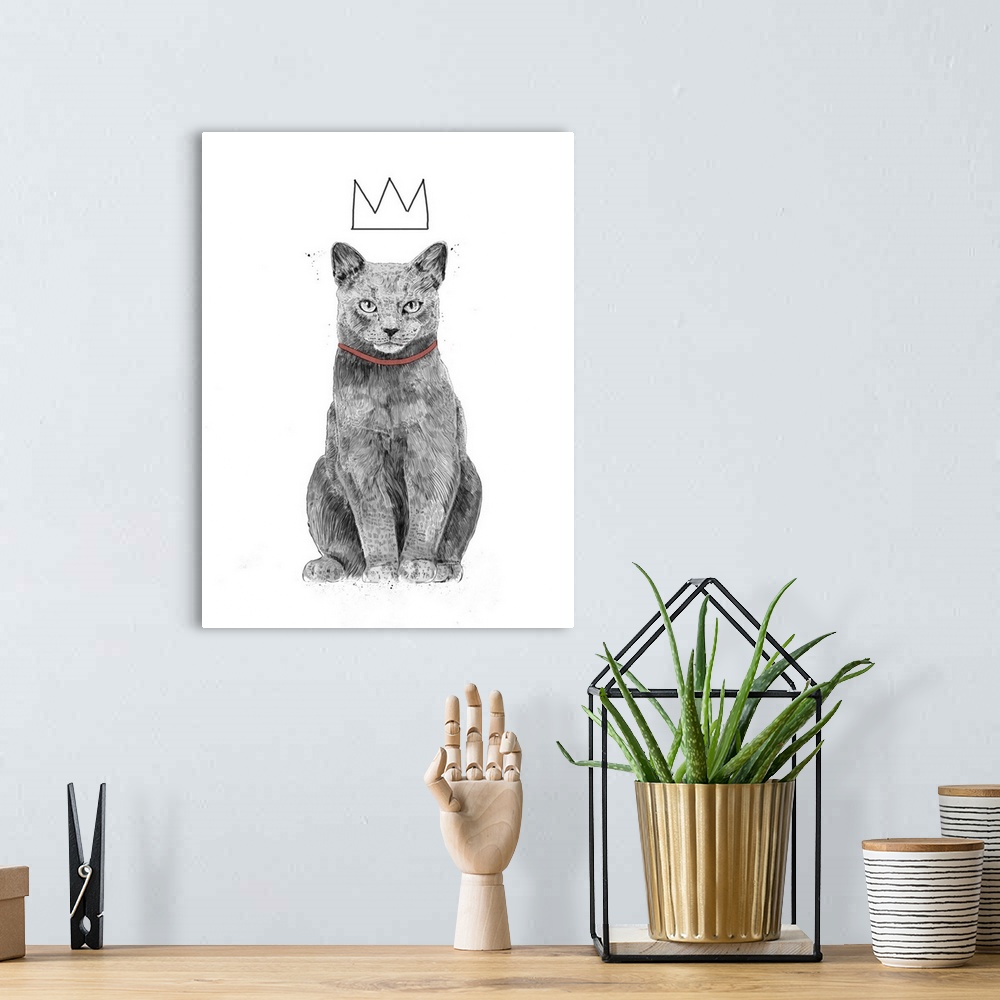 A bohemian room featuring Digital illustration of a cat wearing a crown.