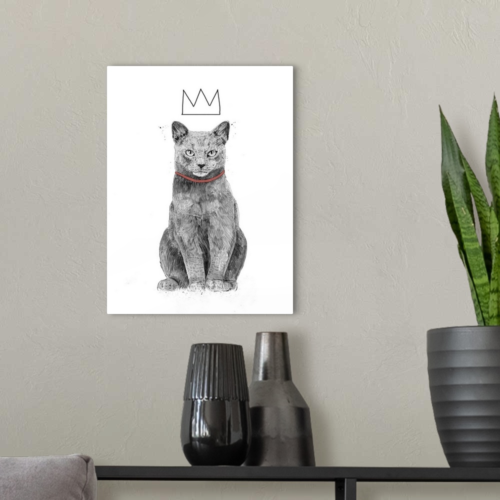 A modern room featuring Digital illustration of a cat wearing a crown.