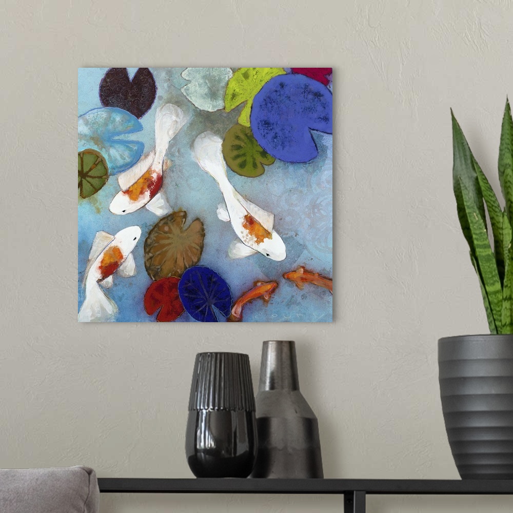 A modern room featuring Contemporary paining looking down on koi swimming in a pond.