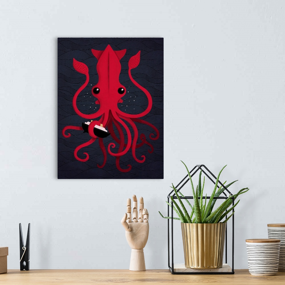 A bohemian room featuring A digital illustration of a ship that has been captured by a large red Kraken.