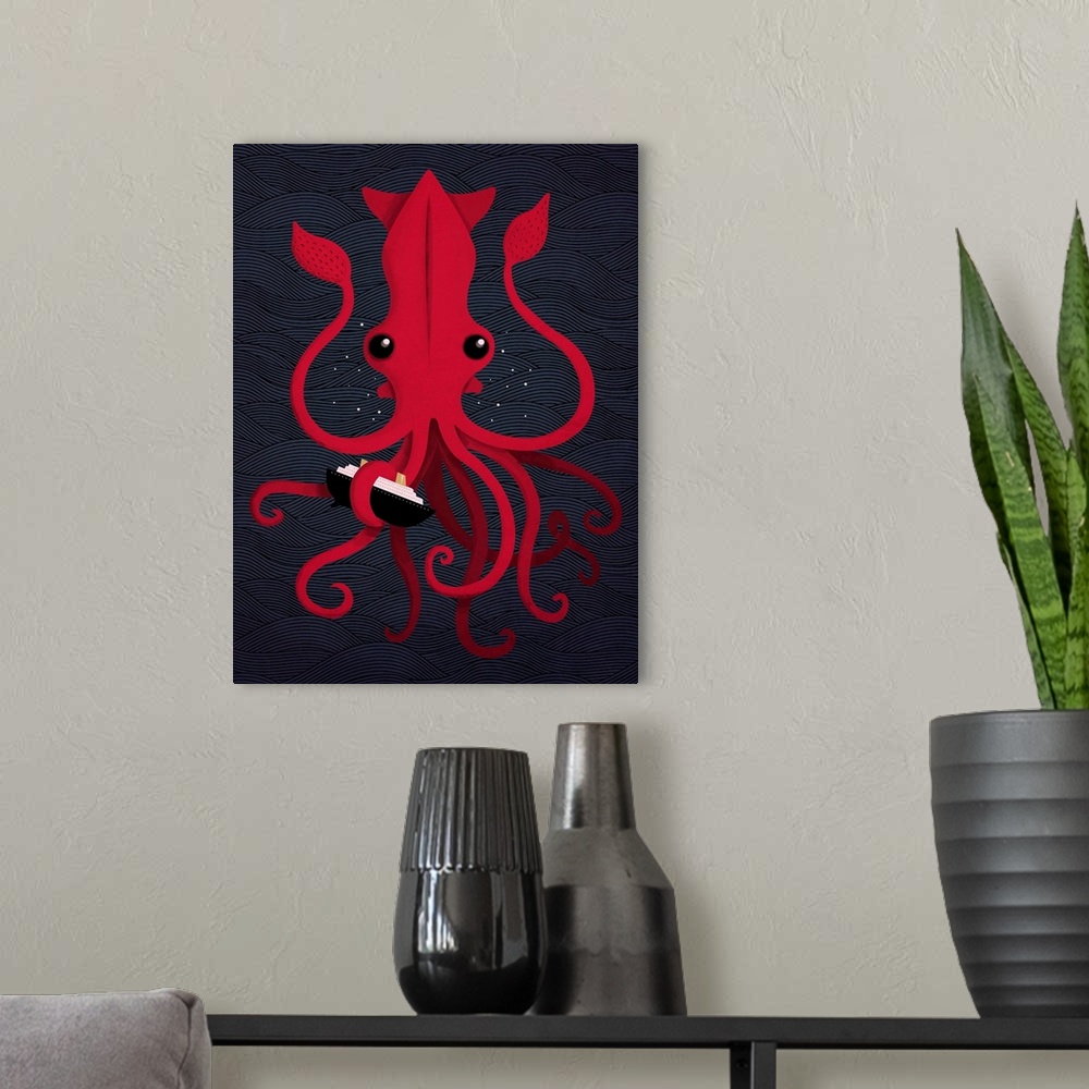 A modern room featuring A digital illustration of a ship that has been captured by a large red Kraken.