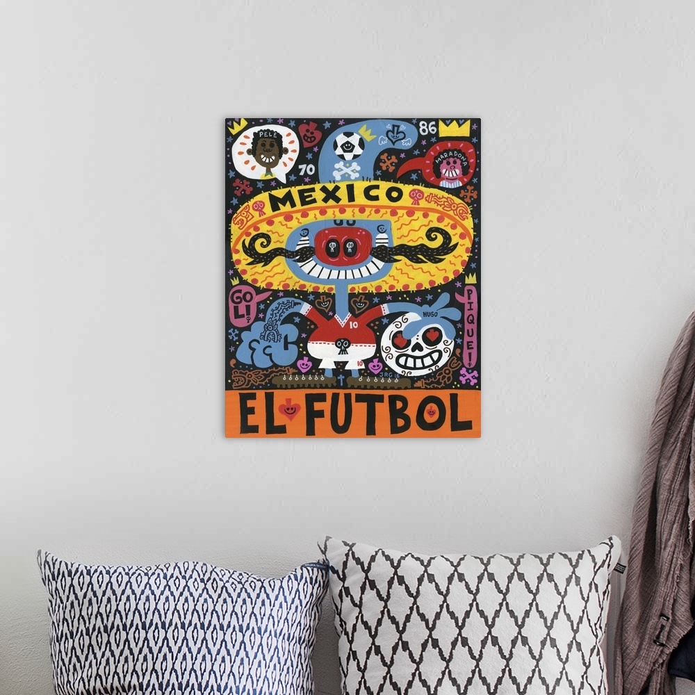 A bohemian room featuring Latin art of a blue figure wearing a sombrero, celebrating soccer.