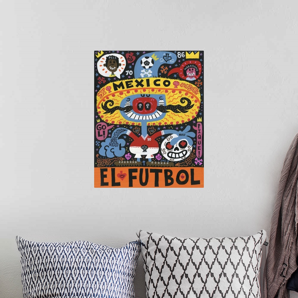 A bohemian room featuring Latin art of a blue figure wearing a sombrero, celebrating soccer.