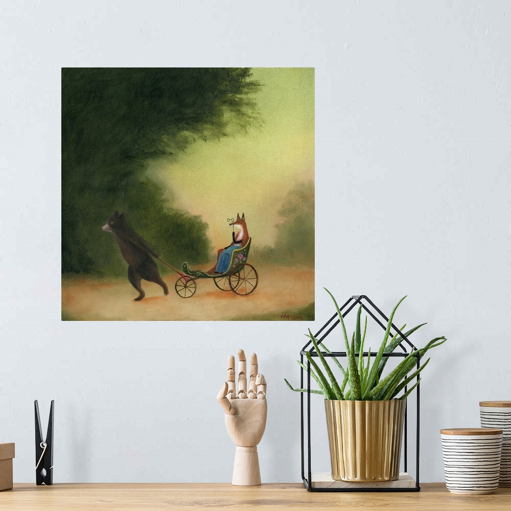 A bohemian room featuring Whimsical artwork featuring a bear toting a lady fox in a wagon.