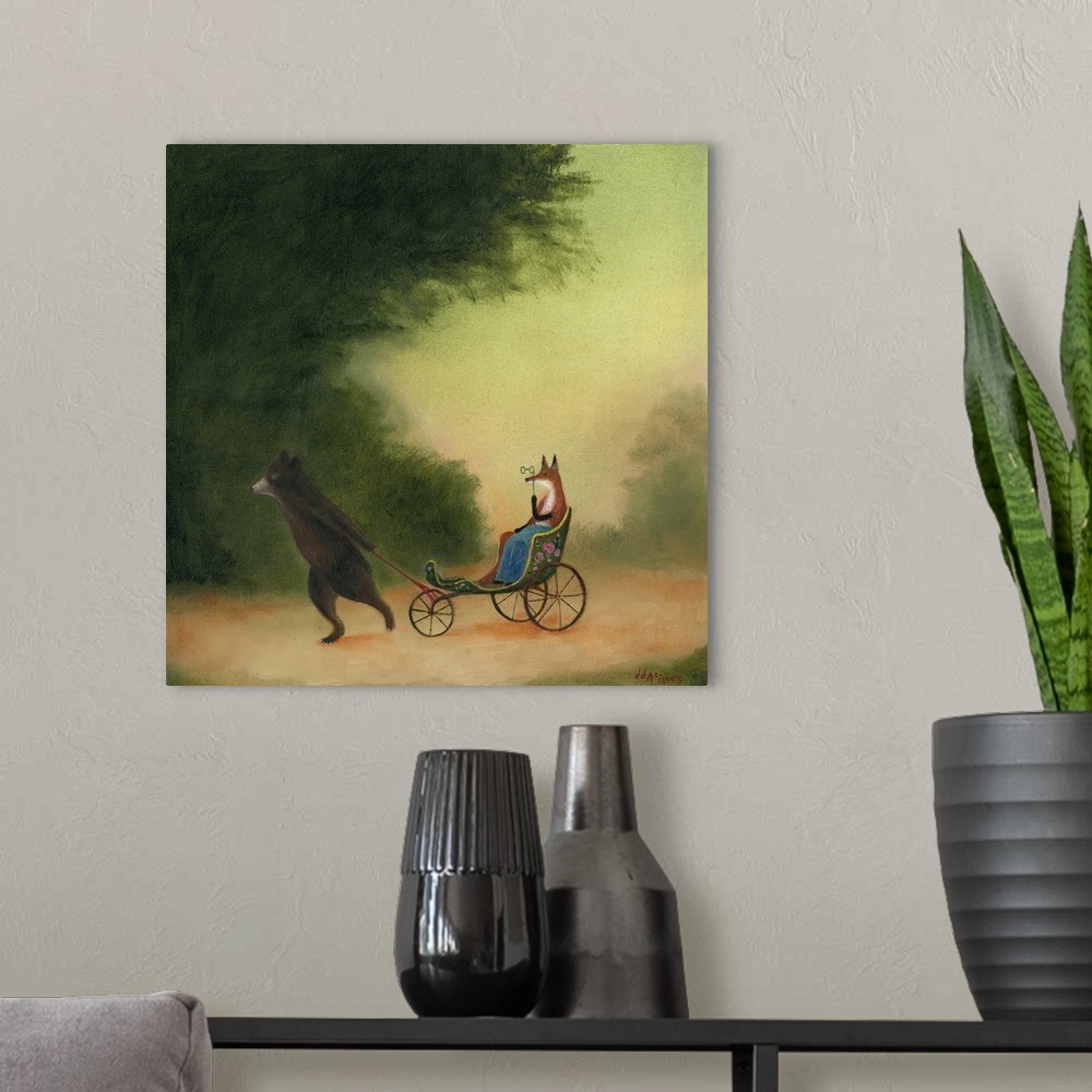 A modern room featuring Whimsical artwork featuring a bear toting a lady fox in a wagon.