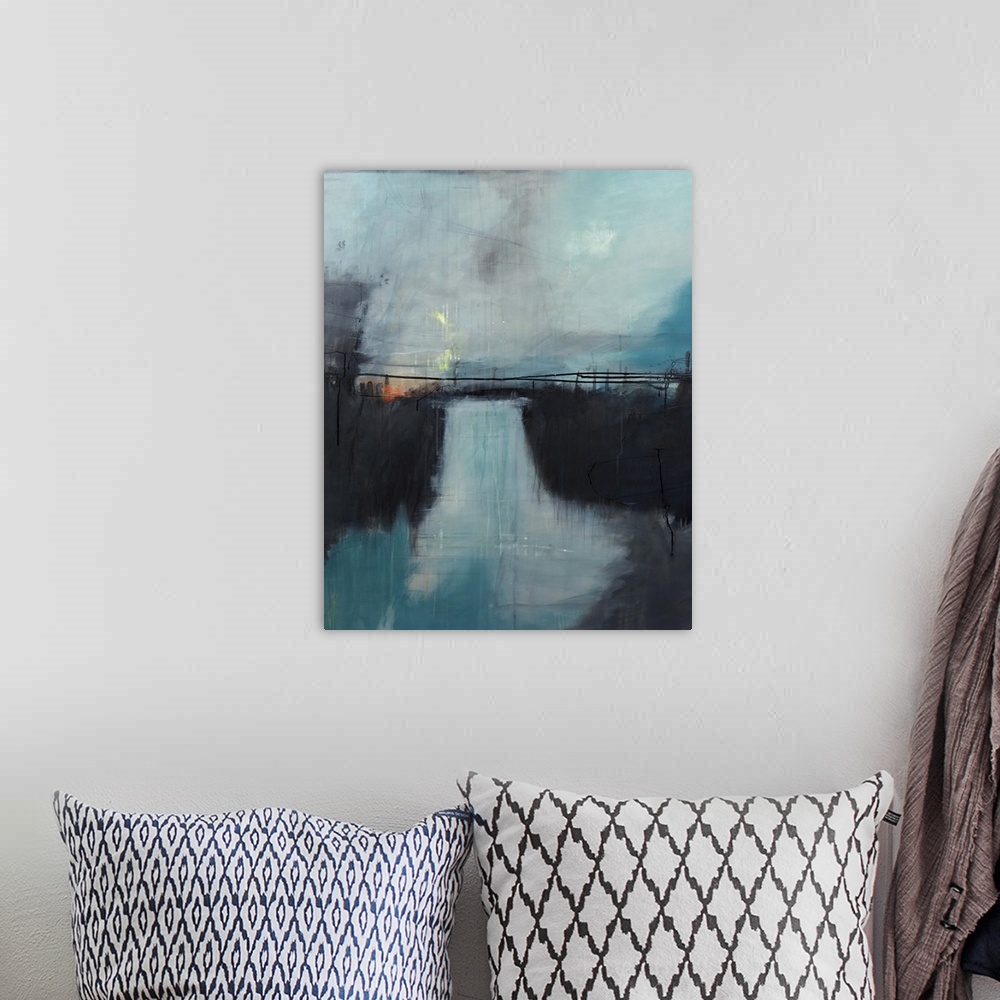 A bohemian room featuring Contemporary abstract painting using dark cool tones to create a color field.