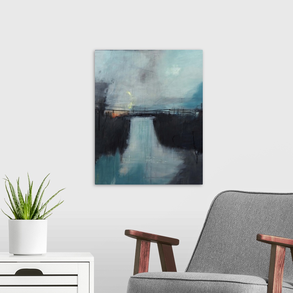 A modern room featuring Contemporary abstract painting using dark cool tones to create a color field.