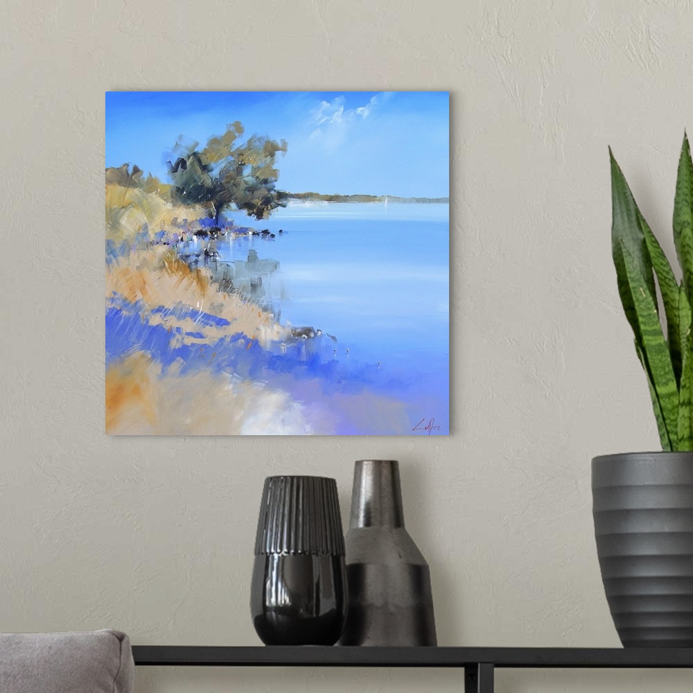 A modern room featuring Contemporary painting of a lake shore with a tree growing near the edge.