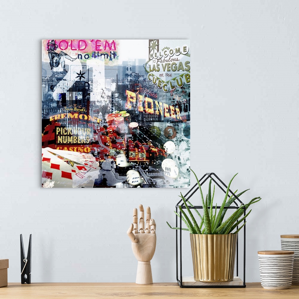 A bohemian room featuring A square collage with images of Las Vegas.