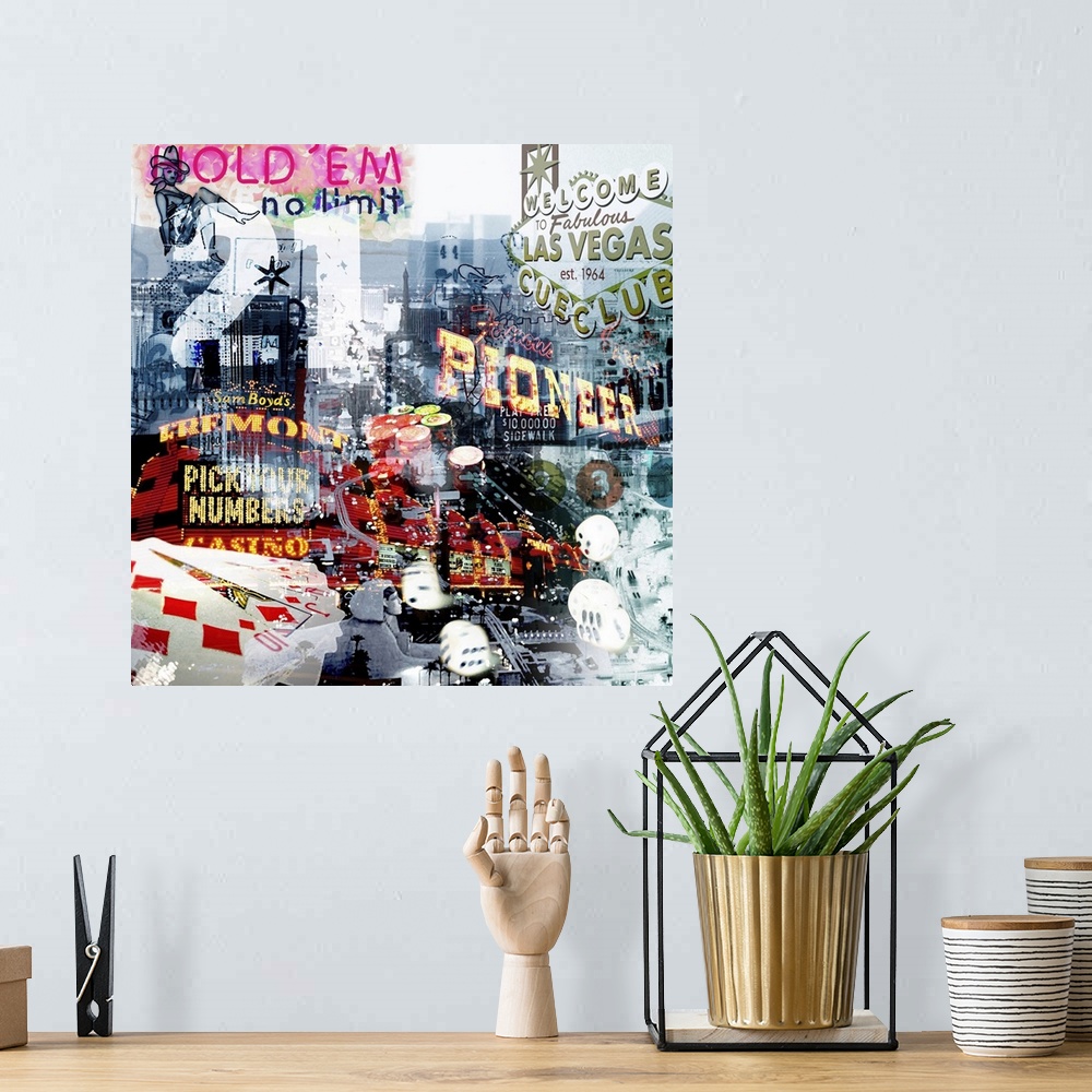 A bohemian room featuring A square collage with images of Las Vegas.
