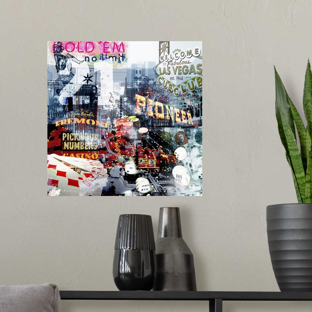 A modern room featuring A square collage with images of Las Vegas.