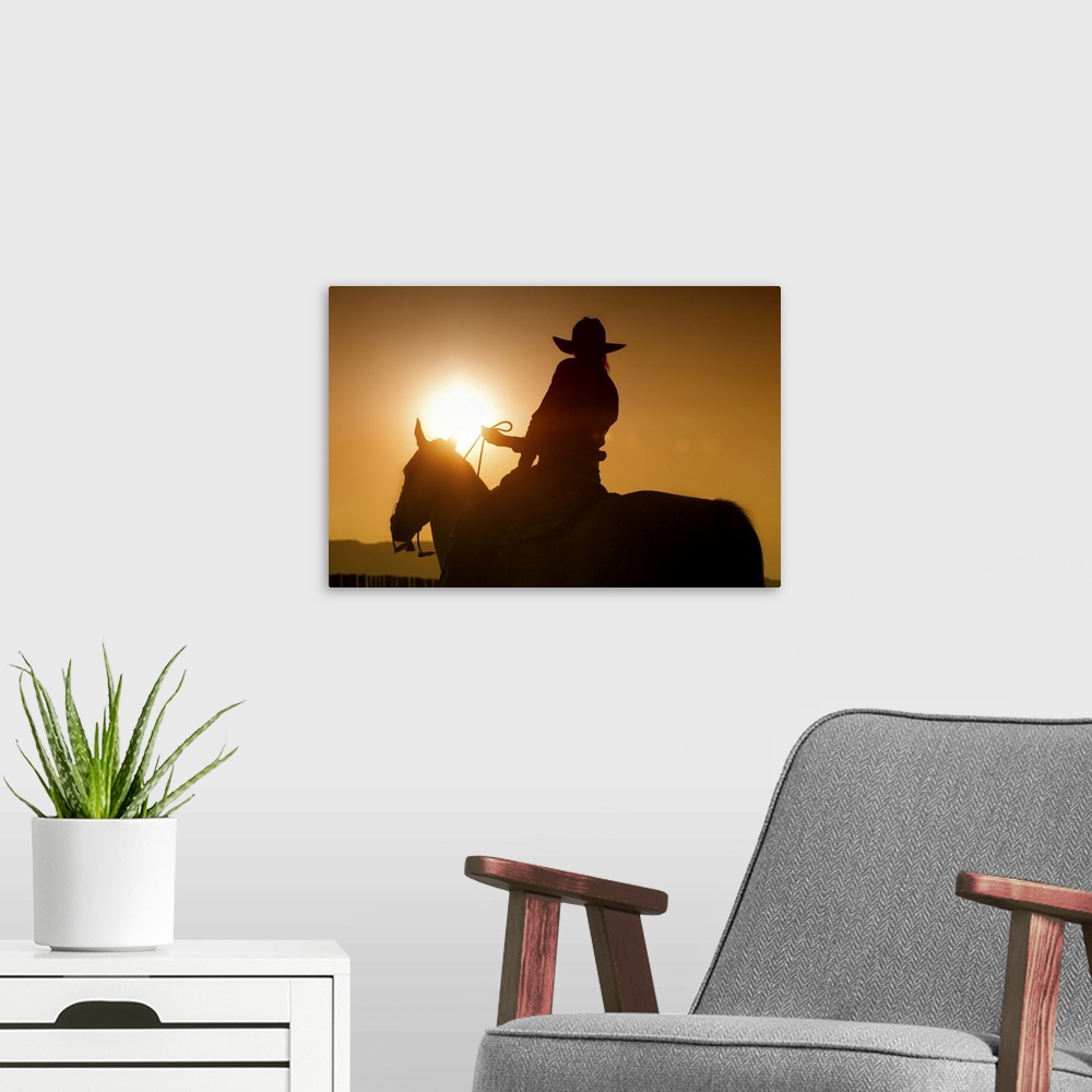 A modern room featuring Sunset shot of Cowgirl on Horse