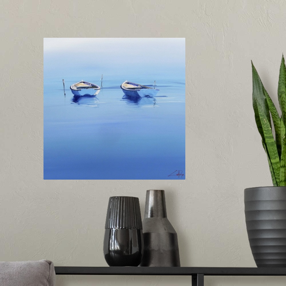 A modern room featuring Contemporary painting of two boats floating on the calm ocean.
