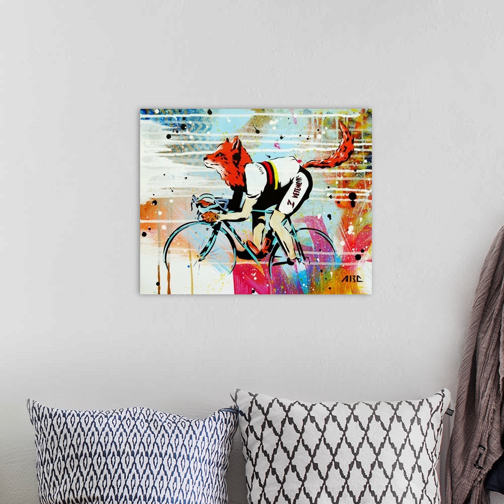 A bohemian room featuring Colorful illustration of a fox on a racing bicycle.