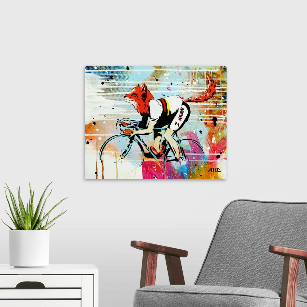A modern room featuring Colorful illustration of a fox on a racing bicycle.