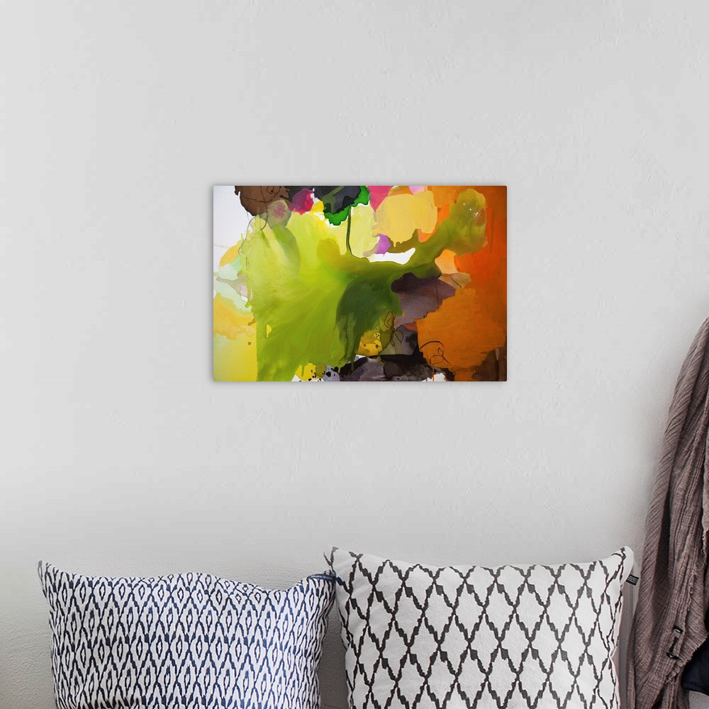 A bohemian room featuring Contemporary abstract painting with a leaf-like shape in the center surrounded by various colors.