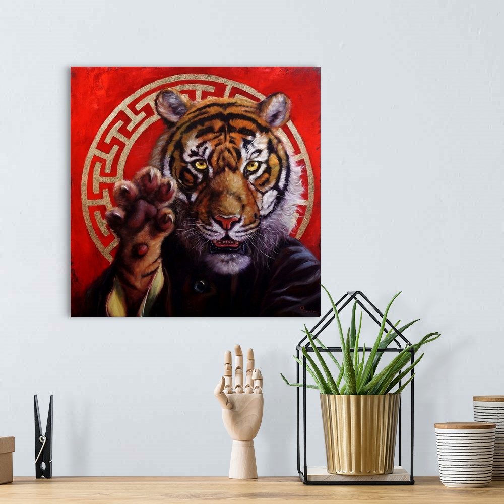 A bohemian room featuring A painting of a tiger with his claw outstretched.