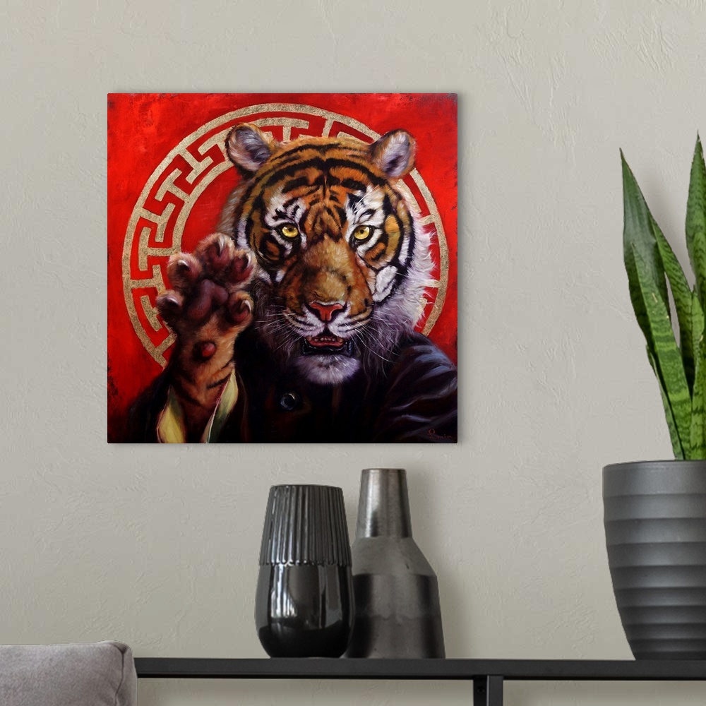 A modern room featuring A painting of a tiger with his claw outstretched.