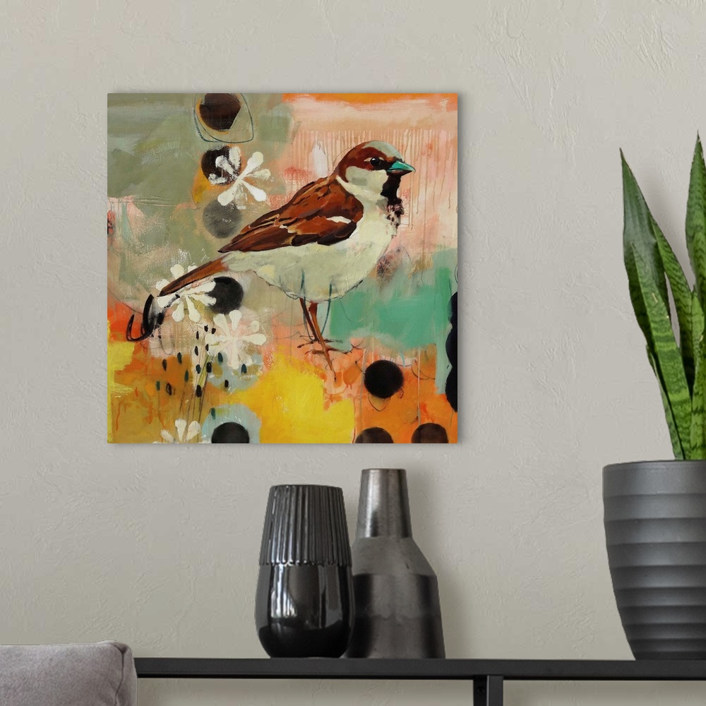 A modern room featuring A contemporary painting of a brown and tan bird against a colorful abstract background.