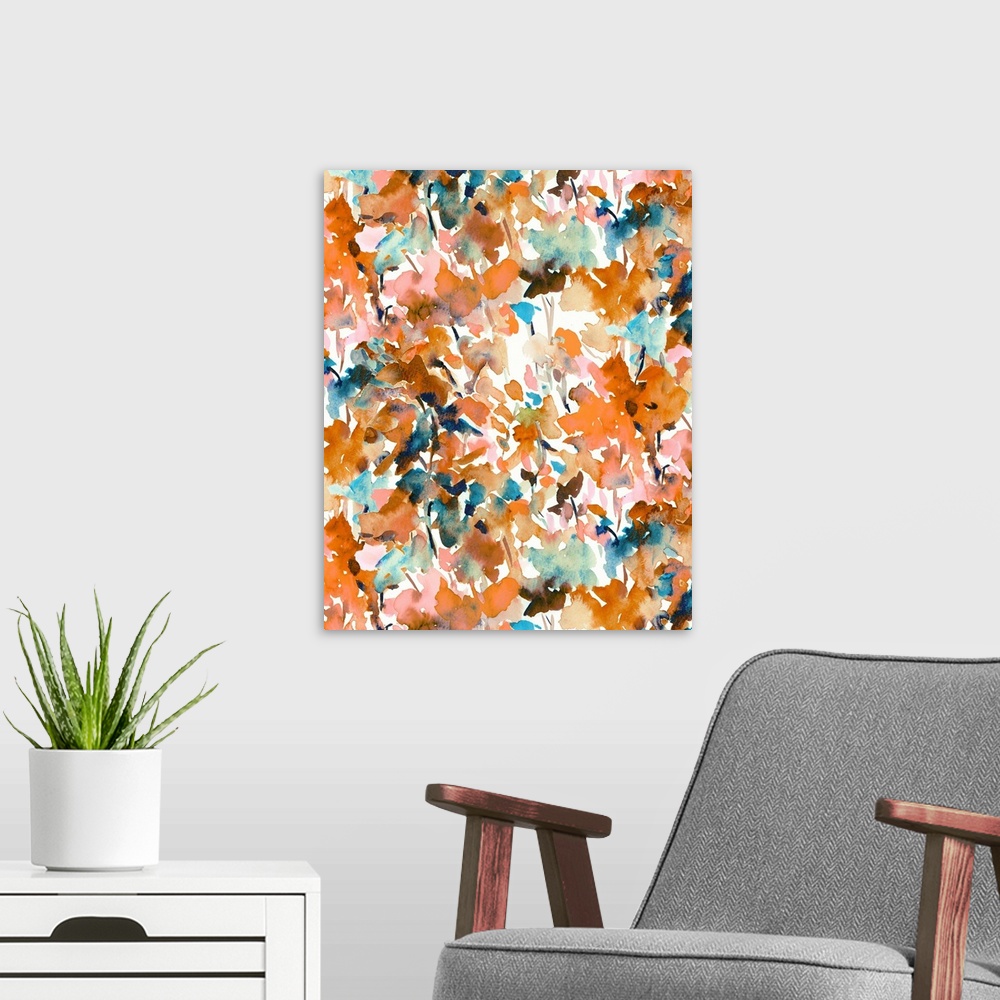 A modern room featuring An abstract watercolor painting of branches of leaves in colors of orange and brown.