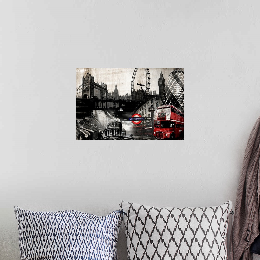 A bohemian room featuring Image composite of landmarks in London, England, including the London Eye and the Tower of London.