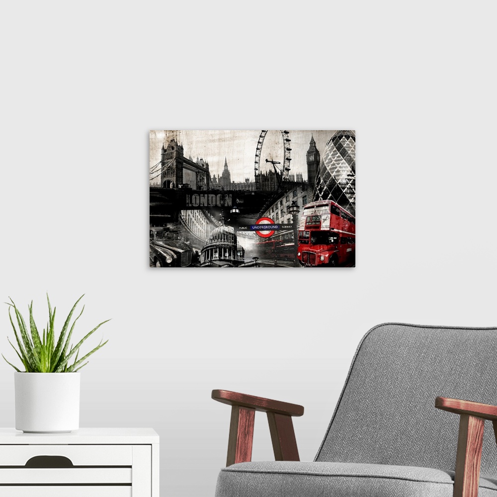 A modern room featuring Image composite of landmarks in London, England, including the London Eye and the Tower of London.
