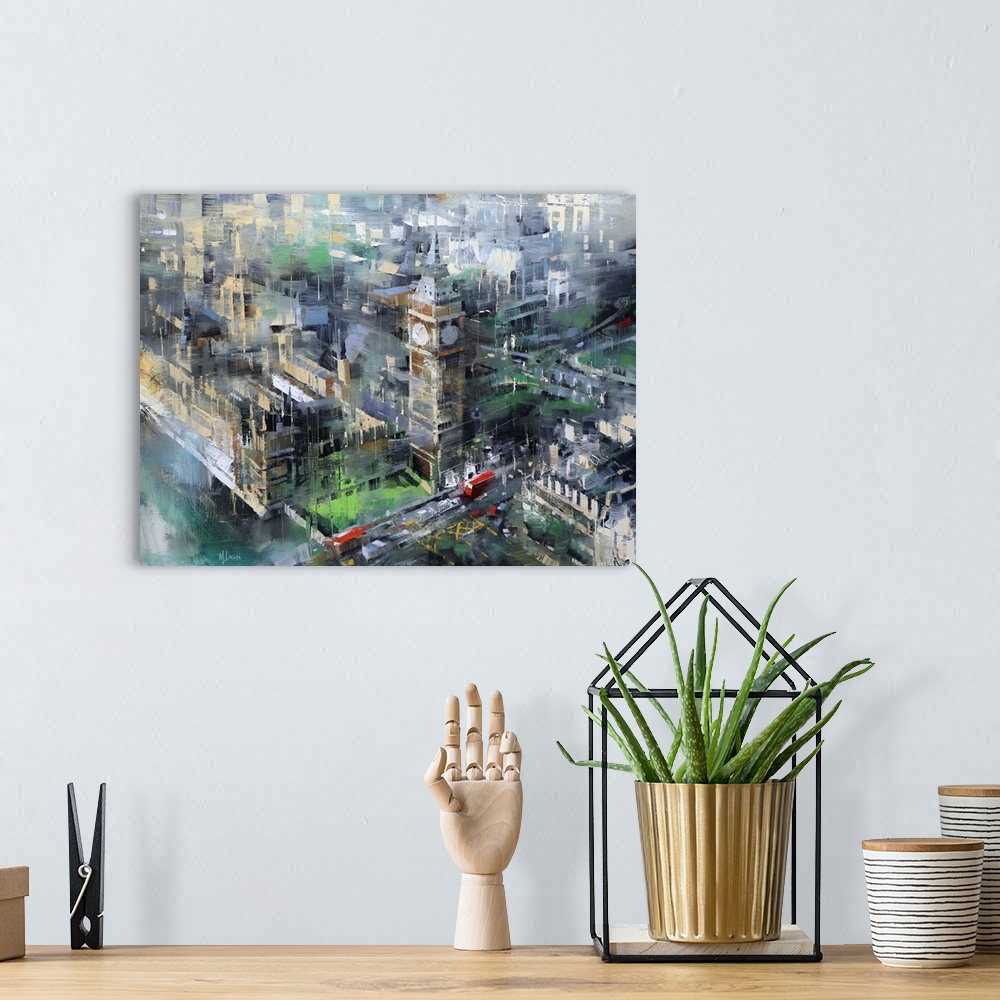 A bohemian room featuring Contemporary painting of Big Ben and the Houses of Parliament in London, seen from above.