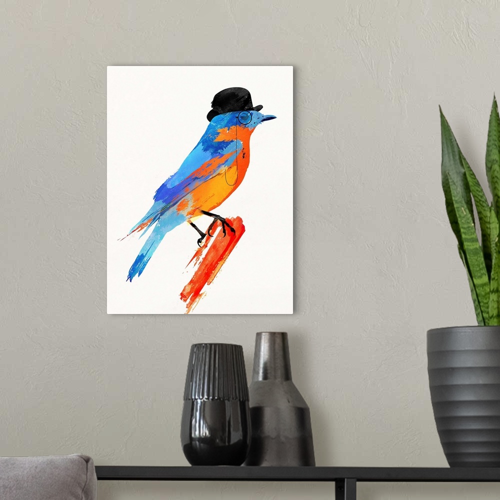 A modern room featuring Decorative artwork of a stylish bird wearing a monocle and bowler hat.