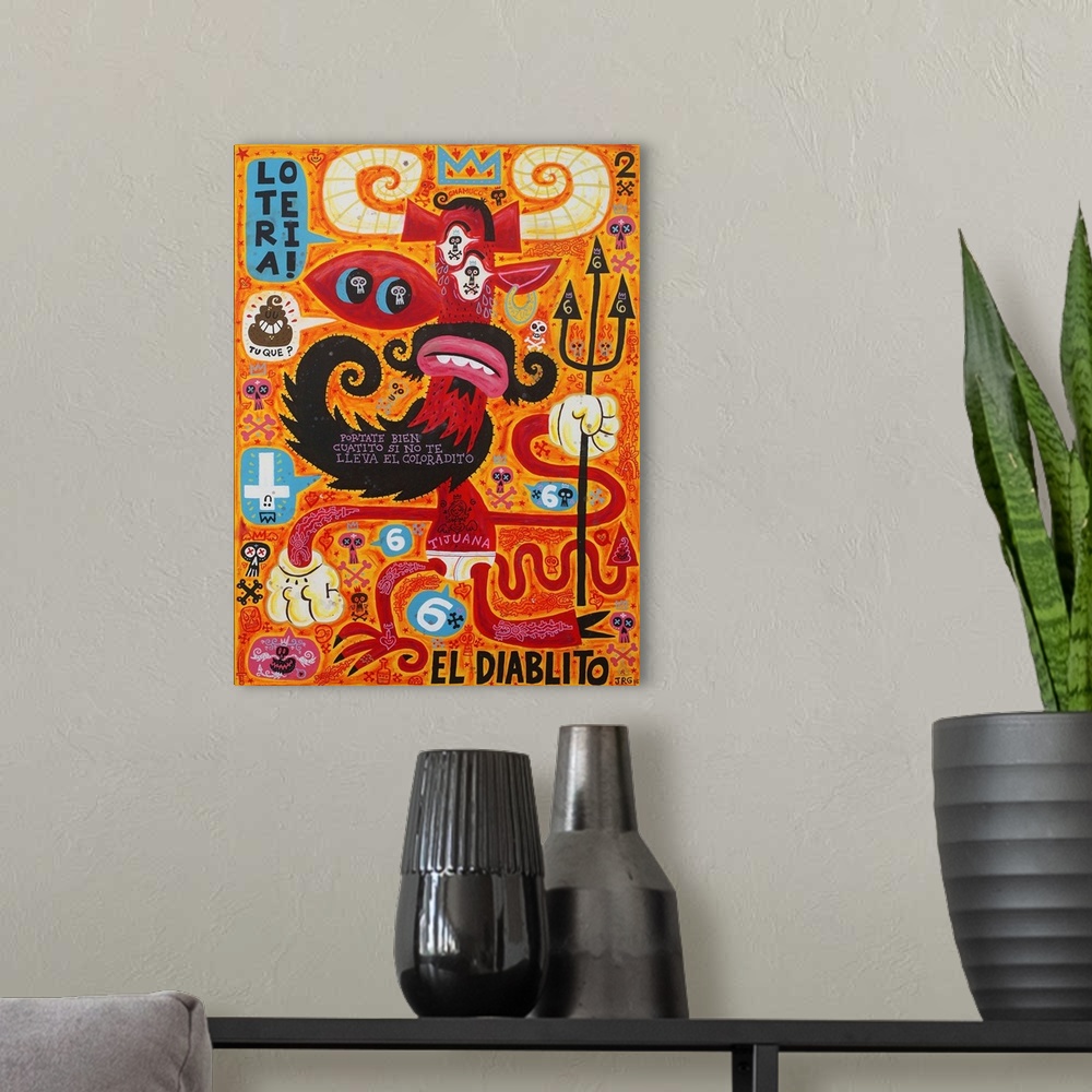 A modern room featuring Latin art of a red horned devil holding a trident.