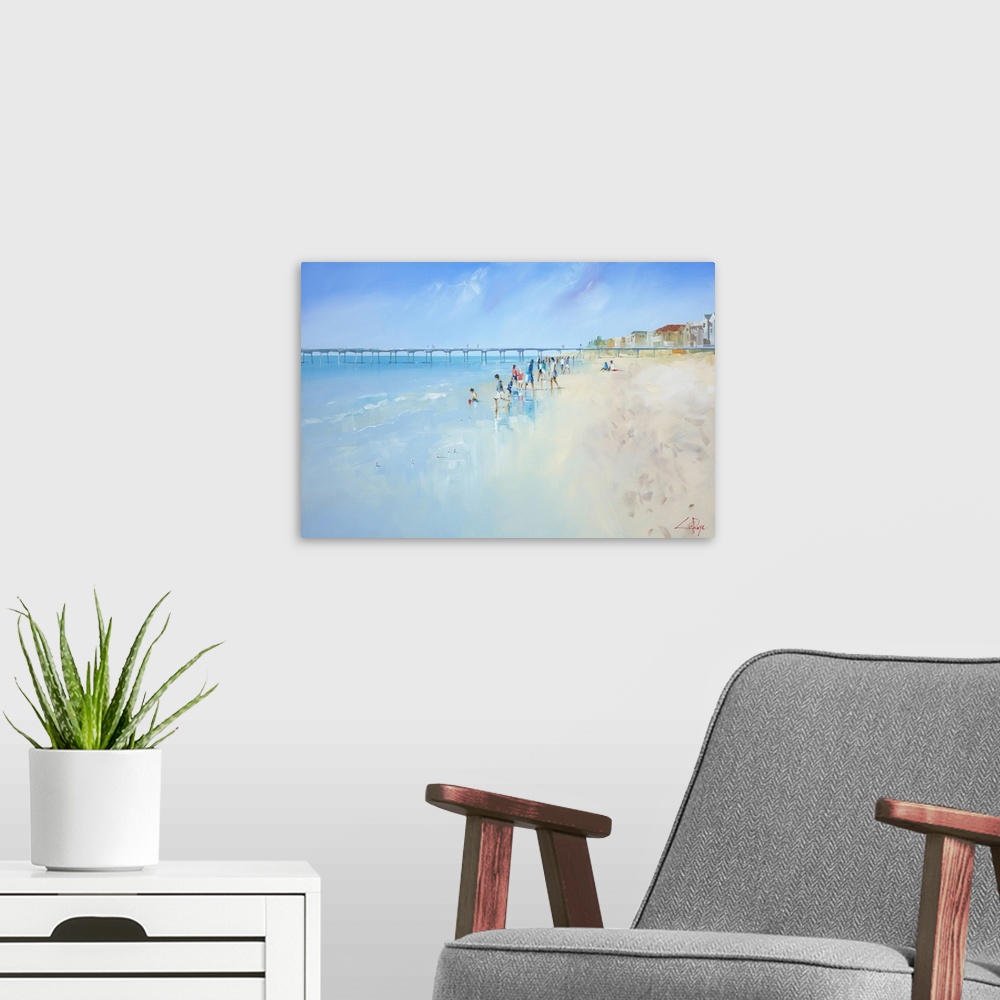 A modern room featuring Painting of people playing in the ocean at low tide.