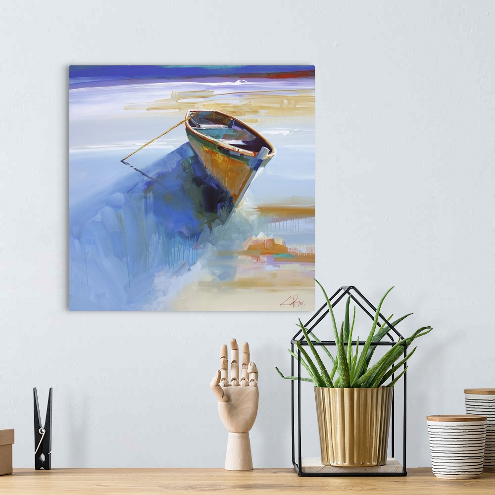 A bohemian room featuring Contemporary painting of a small boat beached on the shore.