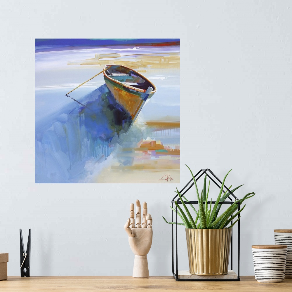 A bohemian room featuring Contemporary painting of a small boat beached on the shore.