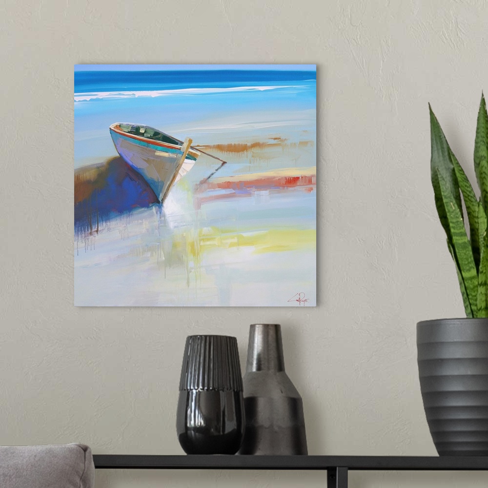 A modern room featuring Contemporary painting of a small boat beached on the shore.