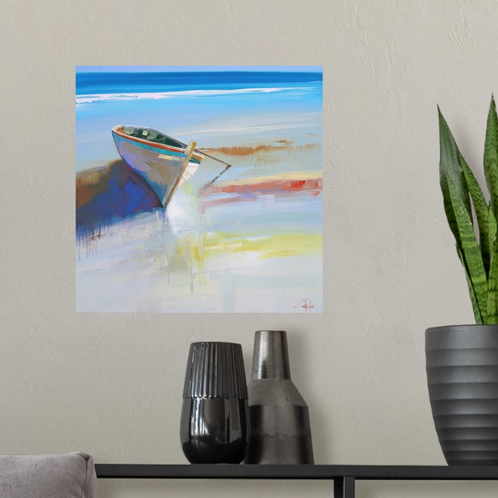 A modern room featuring Contemporary painting of a small boat beached on the shore.