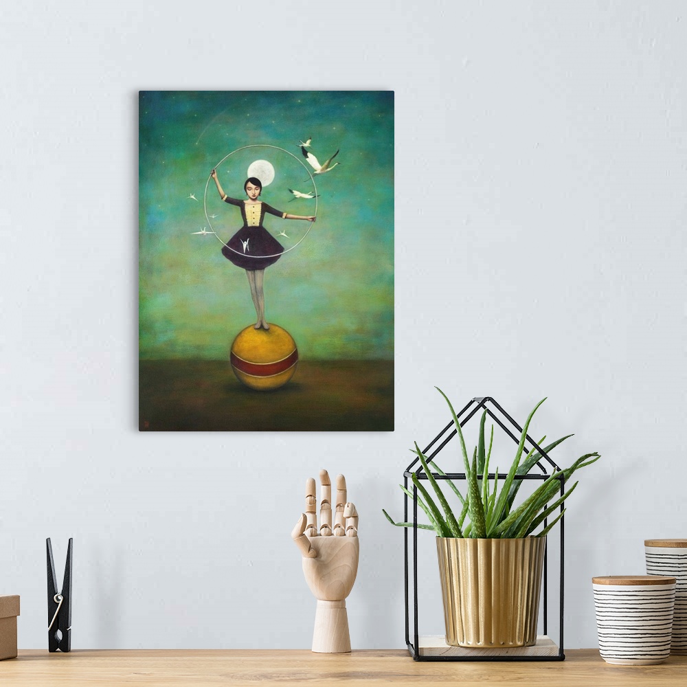 A bohemian room featuring Contemporary surreal artwork of a woman with a hoop and birds balancing on a yellow ball.