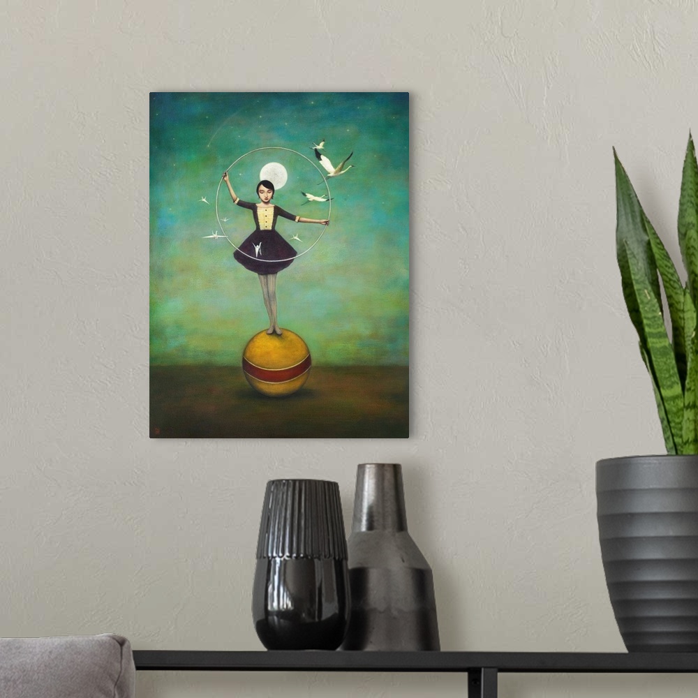 A modern room featuring Contemporary surreal artwork of a woman with a hoop and birds balancing on a yellow ball.
