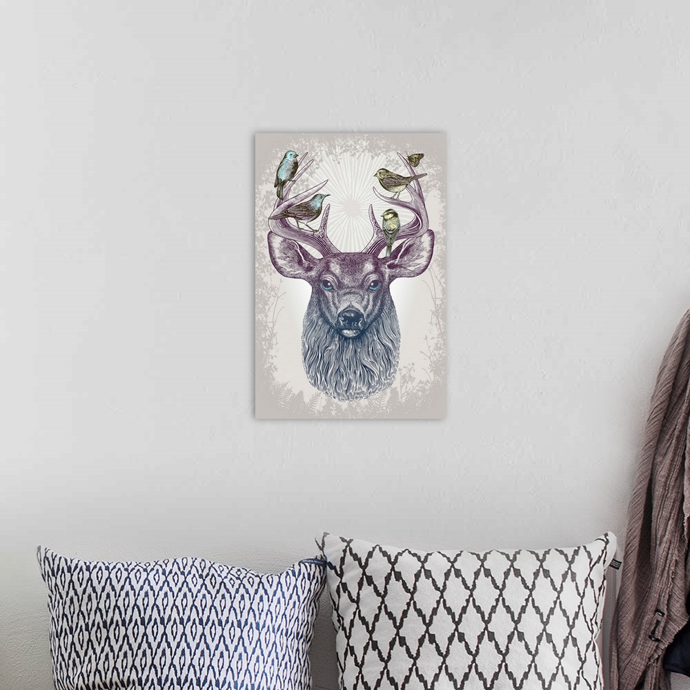 A bohemian room featuring A digital illustration of a buck with birds sitting on his antlers.