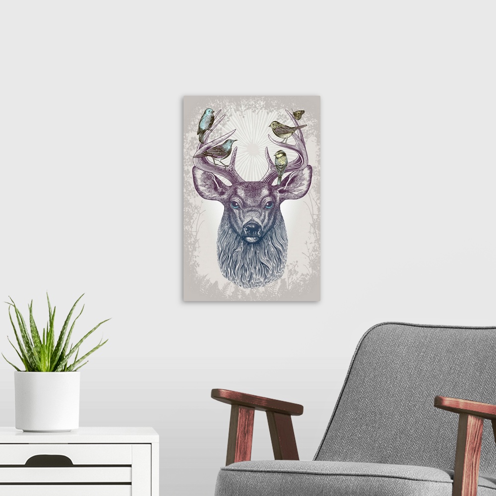 A modern room featuring A digital illustration of a buck with birds sitting on his antlers.