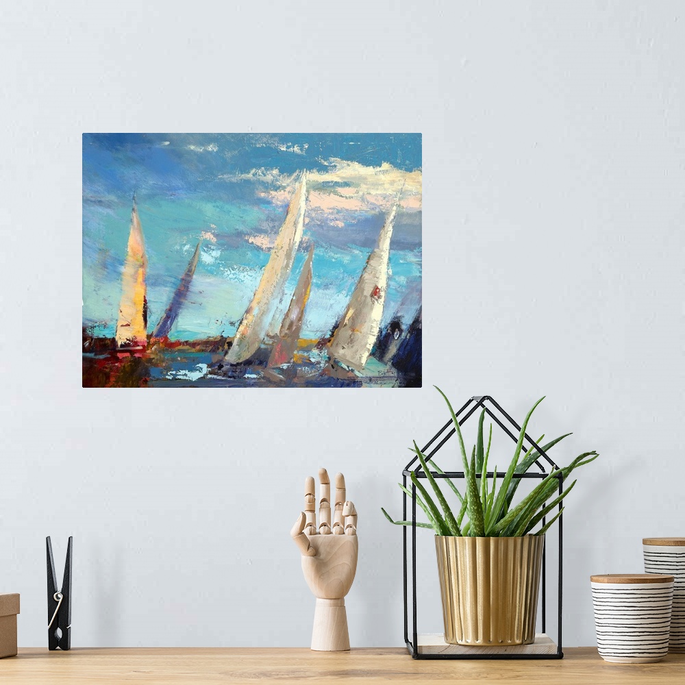 A bohemian room featuring A contemporary coastal themed painting of sailboats sailing the open sea.