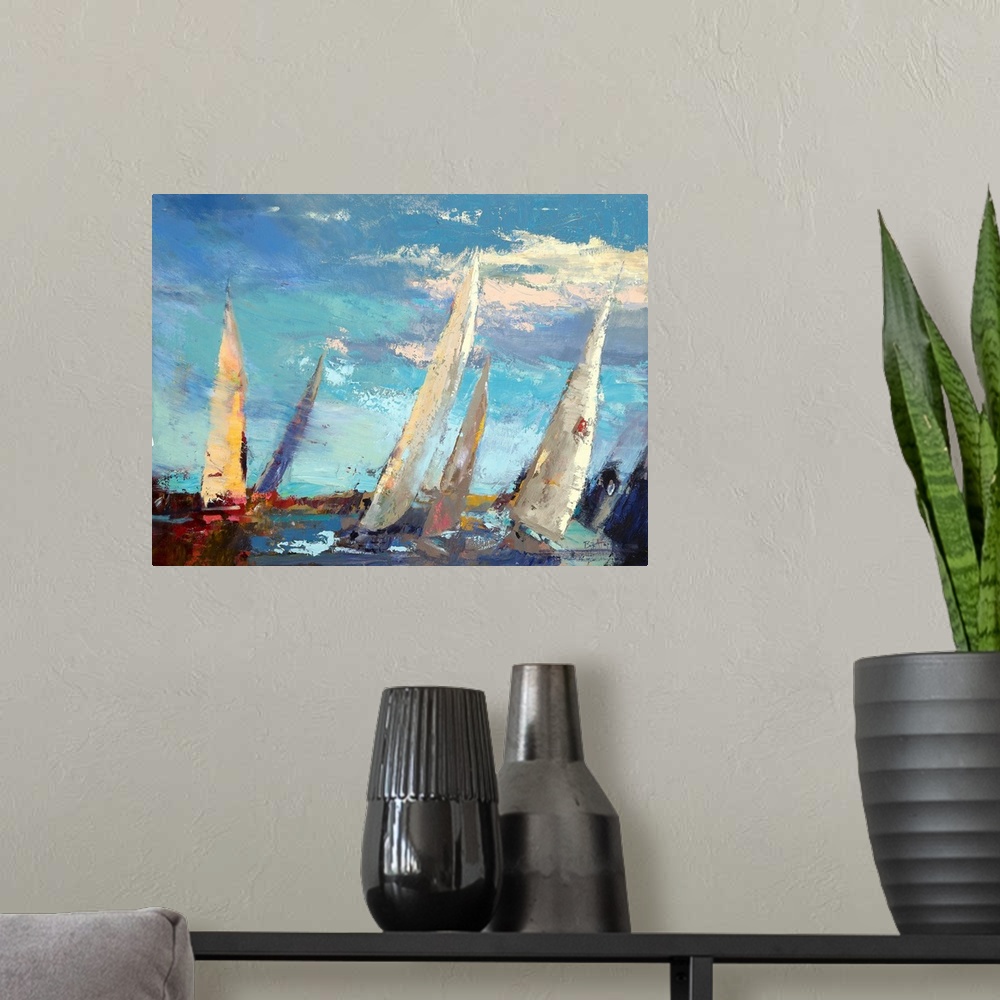 A modern room featuring A contemporary coastal themed painting of sailboats sailing the open sea.