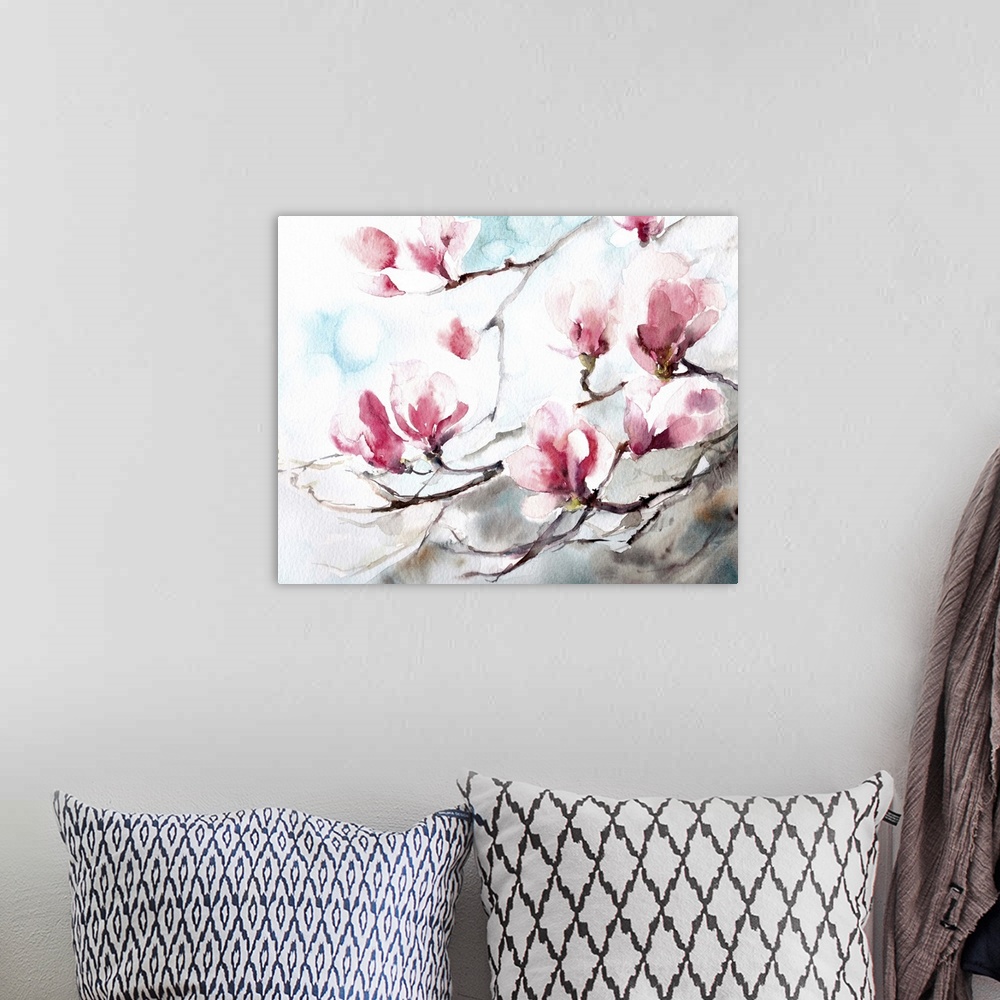 A bohemian room featuring A contemporary watercolor painting of magnolia flowers.