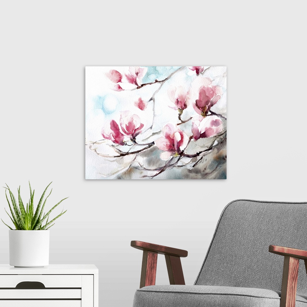 A modern room featuring A contemporary watercolor painting of magnolia flowers.