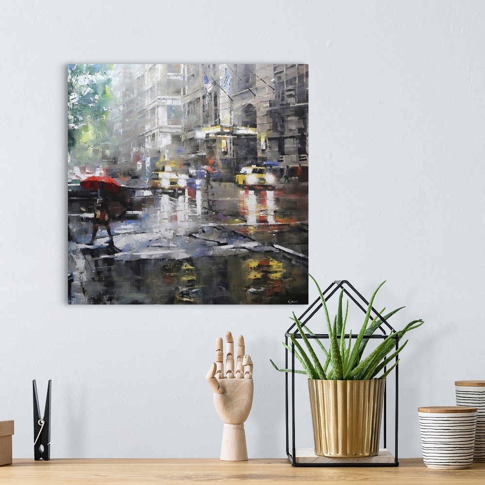 A bohemian room featuring Contemporary painting of a pedestrian with a red umbrella crossing the street near taxis in New Y...