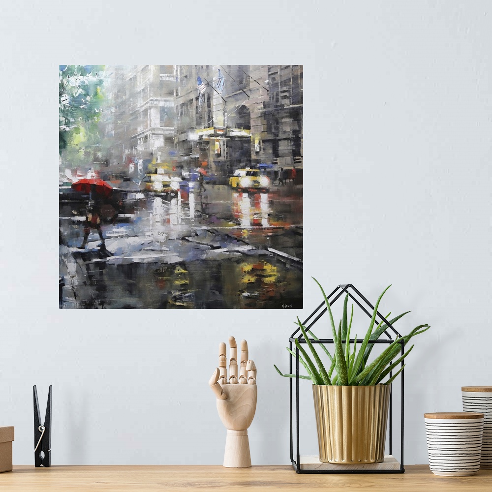 A bohemian room featuring Contemporary painting of a pedestrian with a red umbrella crossing the street near taxis in New Y...