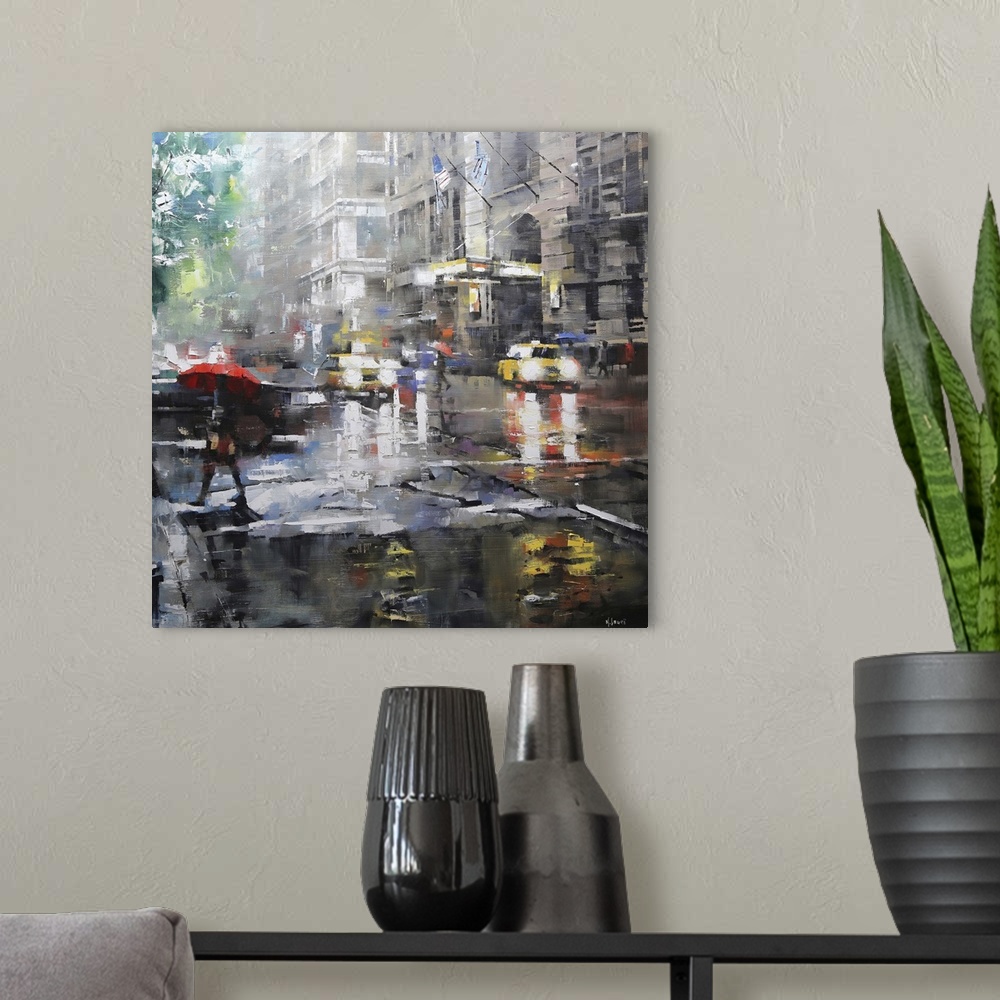 A modern room featuring Contemporary painting of a pedestrian with a red umbrella crossing the street near taxis in New Y...