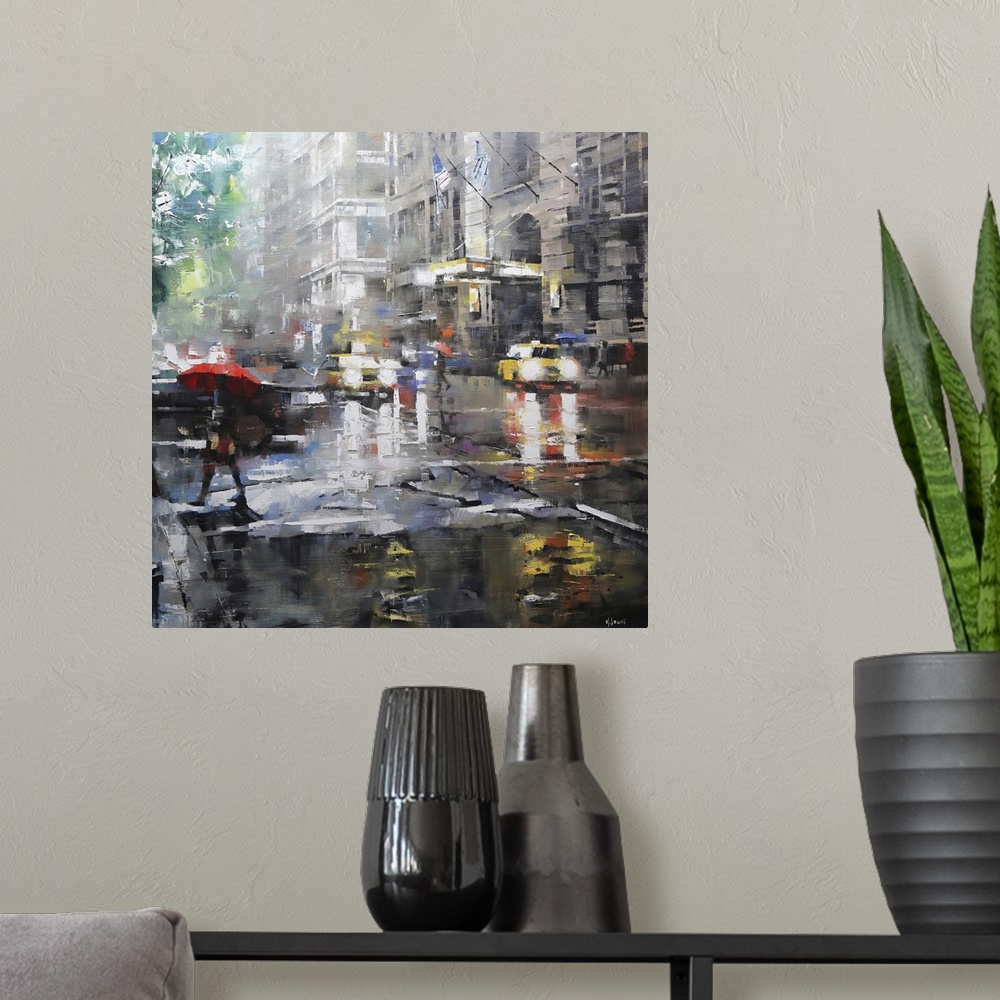 A modern room featuring Contemporary painting of a pedestrian with a red umbrella crossing the street near taxis in New Y...
