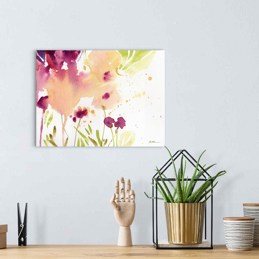 A bohemian room featuring Contemporary watercolor painting of maroon and muted yellow flowers.