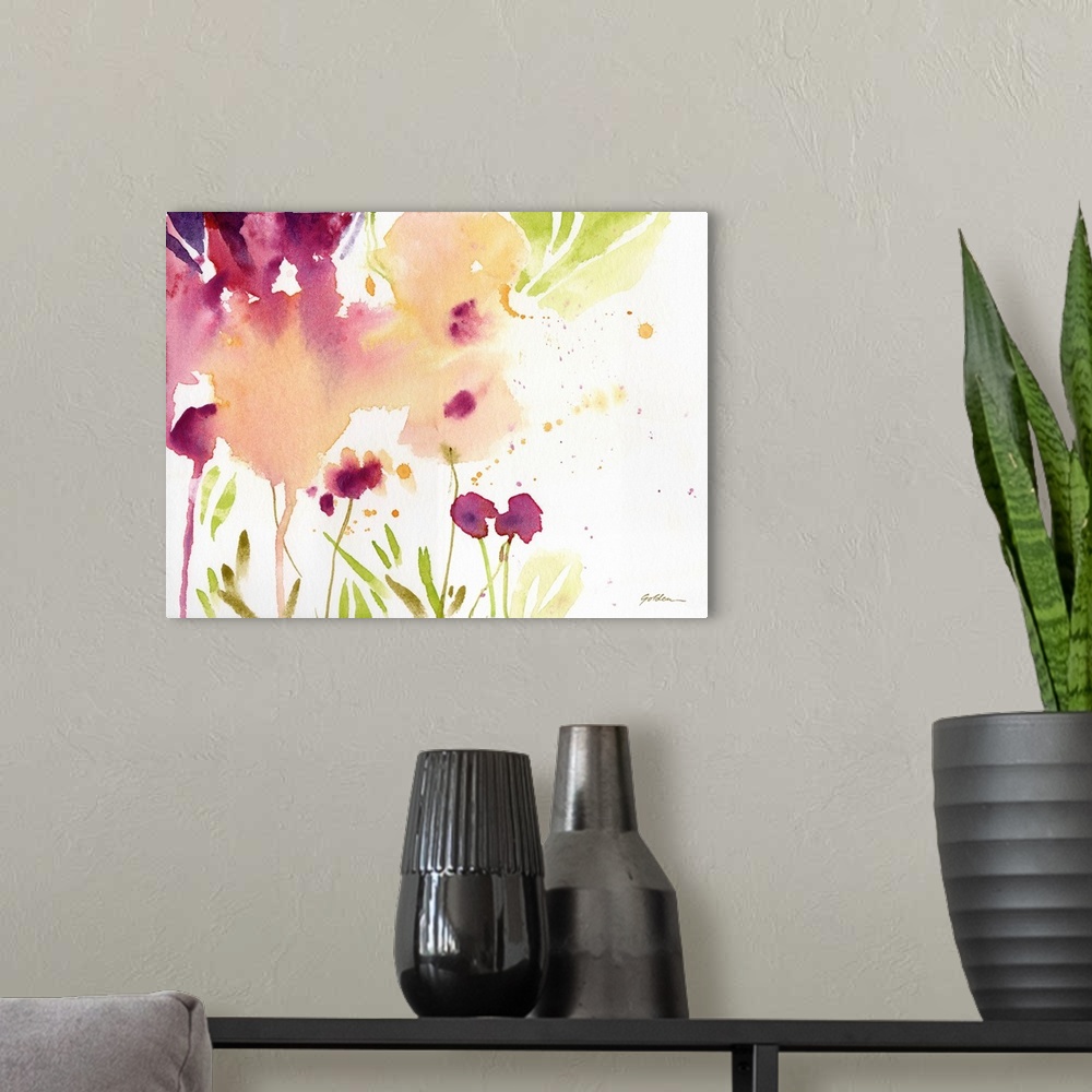 A modern room featuring Contemporary watercolor painting of maroon and muted yellow flowers.
