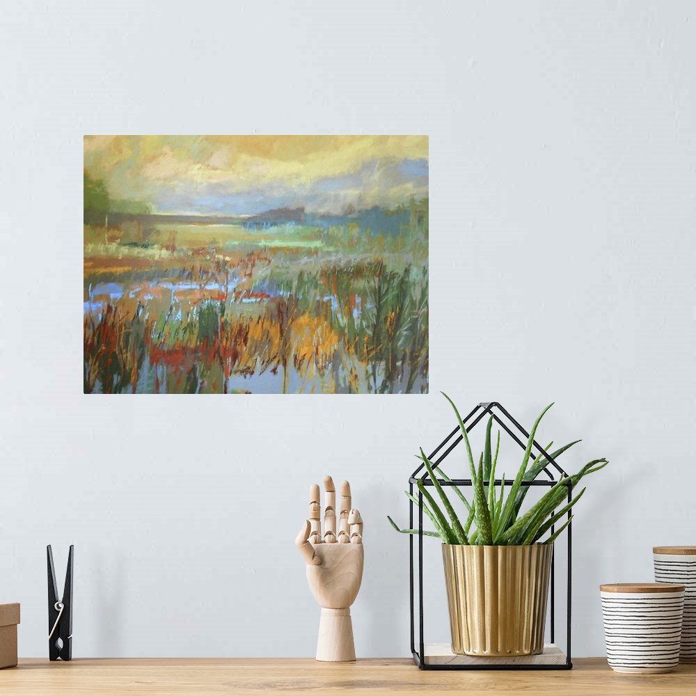 A bohemian room featuring Colorful contemporary landscape painting.